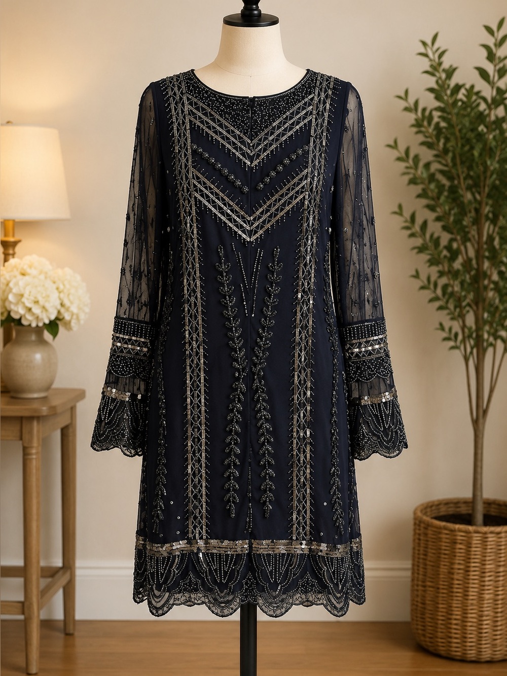 Pisarro Nights Beaded Black Cocktail Dress Size 12 Art Deco Sequin Evening Dress